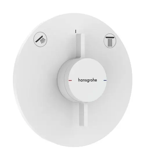 Weißer Unterputz-Mischer mit einem Drehregler, versehen mit Symbolen für Dusche und Wasserabfluss, von Hansgrohe.
